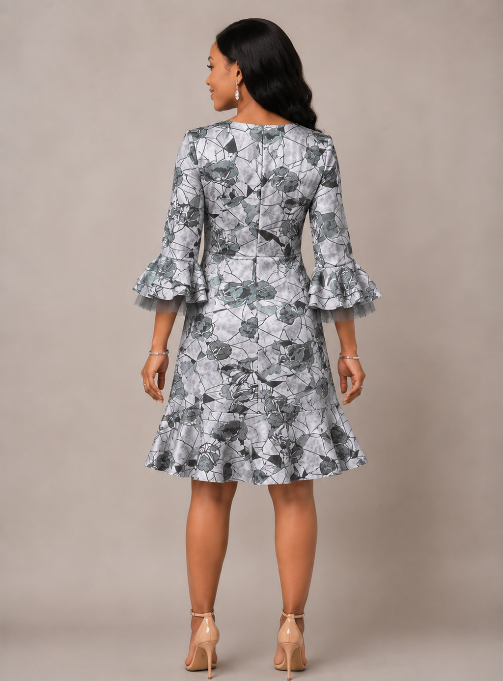 Elegant grey Floral Ruffle Dress