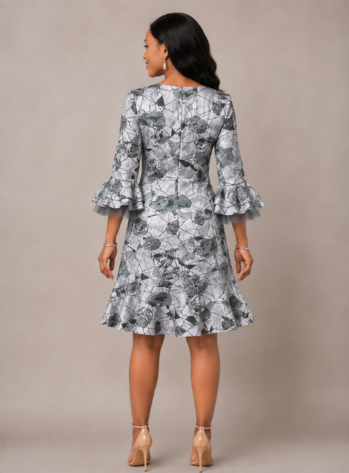 Elegant grey Floral Ruffle Dress