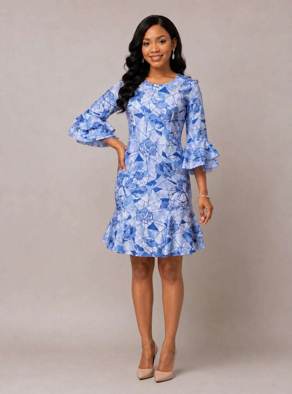 Elegant Blue Floral Ruffle Dress