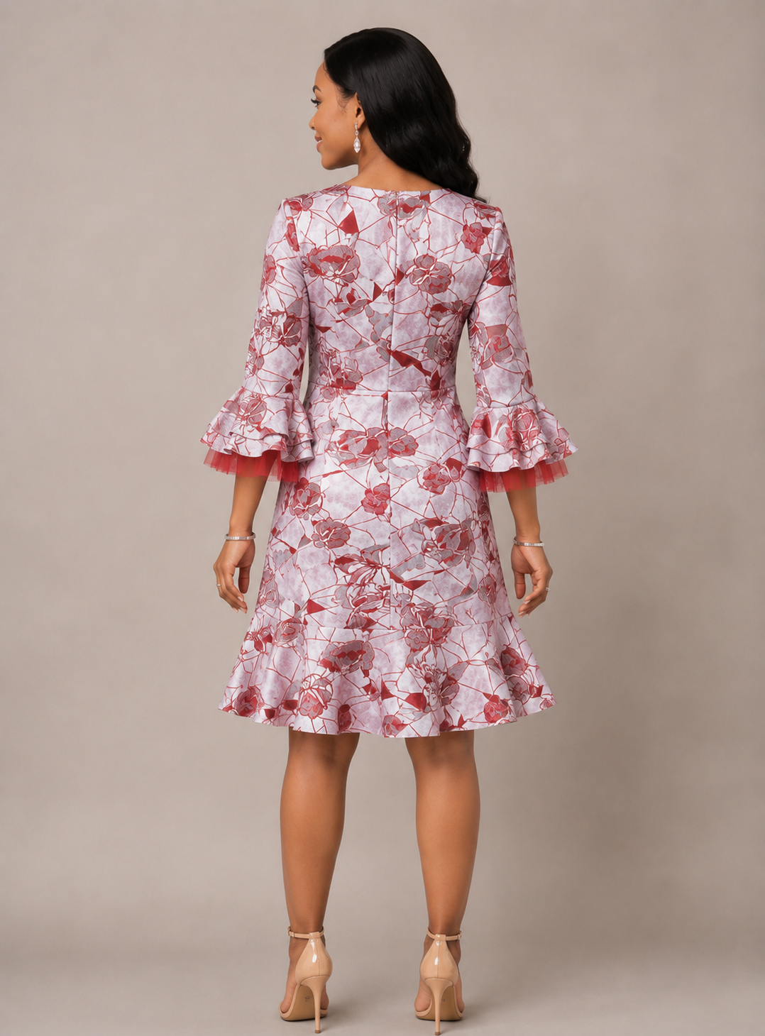 Elegant red Floral Ruffle Dress