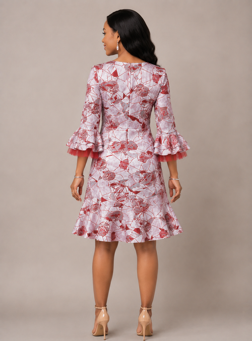 Elegant red Floral Ruffle Dress